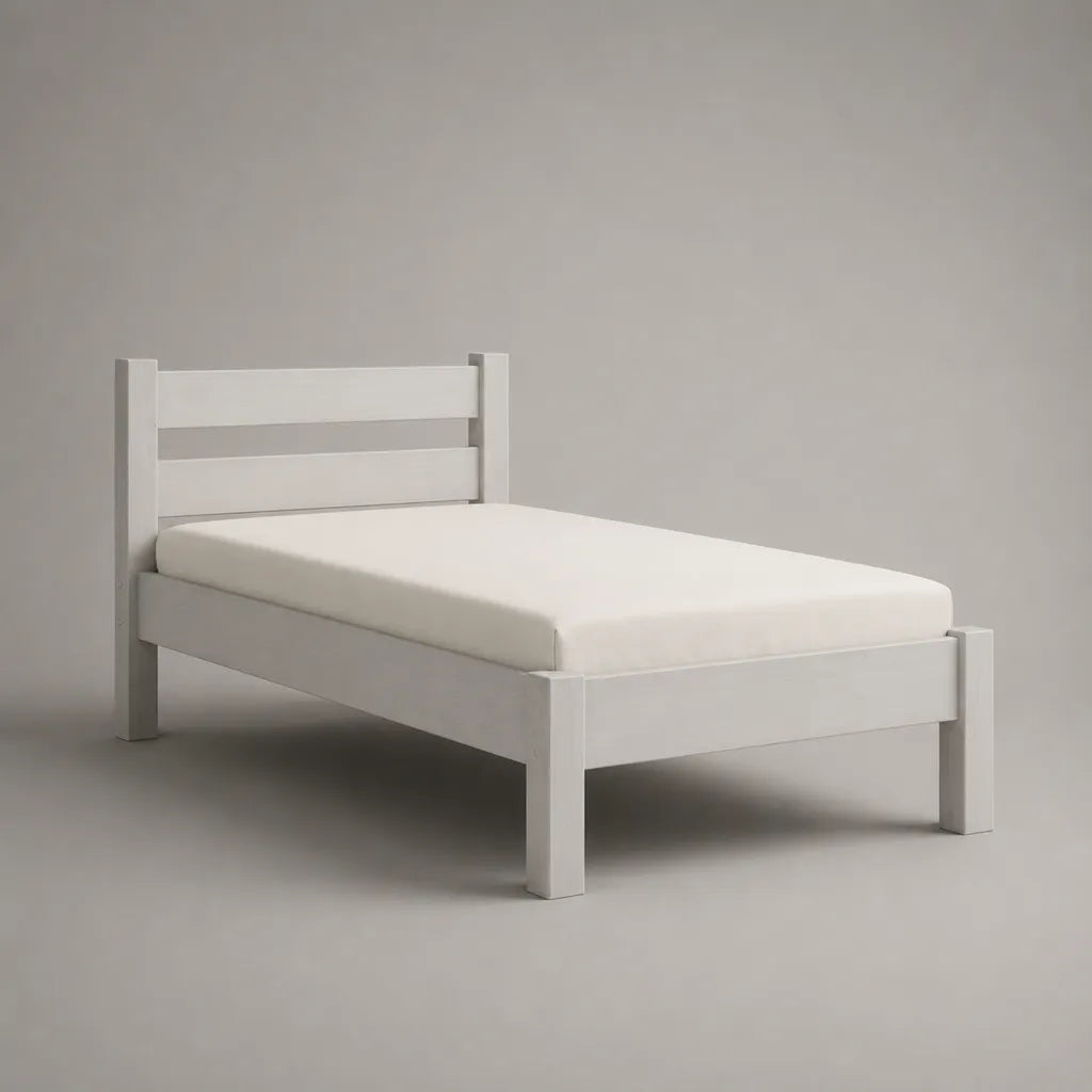 Lit simple en bois blanc, surface plane 90 × 200 cm, dimensions totales 206 × 96 × 82 cm