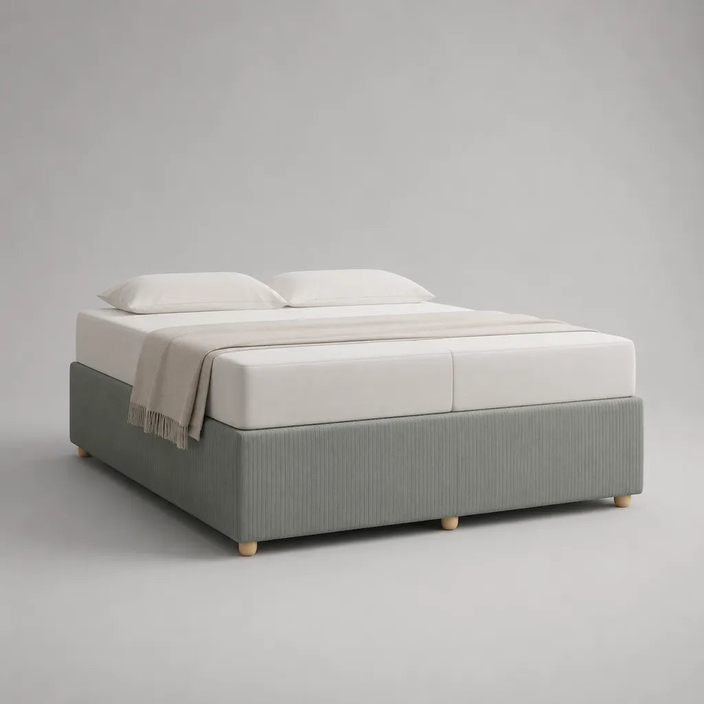 Lit double lit rembourré avec 2 matelas, housse en polyester, gris/blanc, lit 160 × 200 cm, dimensions totales 164 × 204 × 58 cm