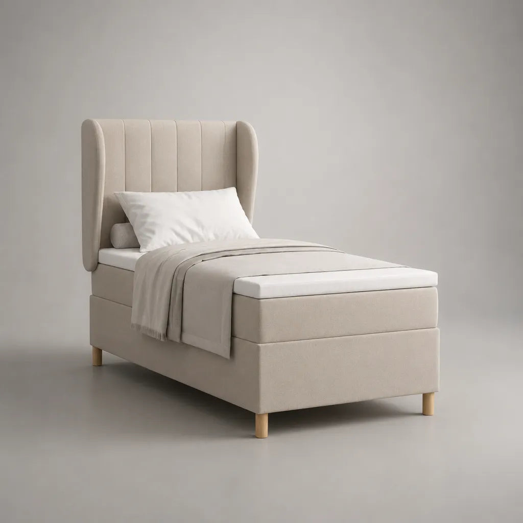 Lit rembourré lit simple avec matelas et tête d'aile, beige, 108 × 215 × 125 cm, couchage 90 × 200 cm