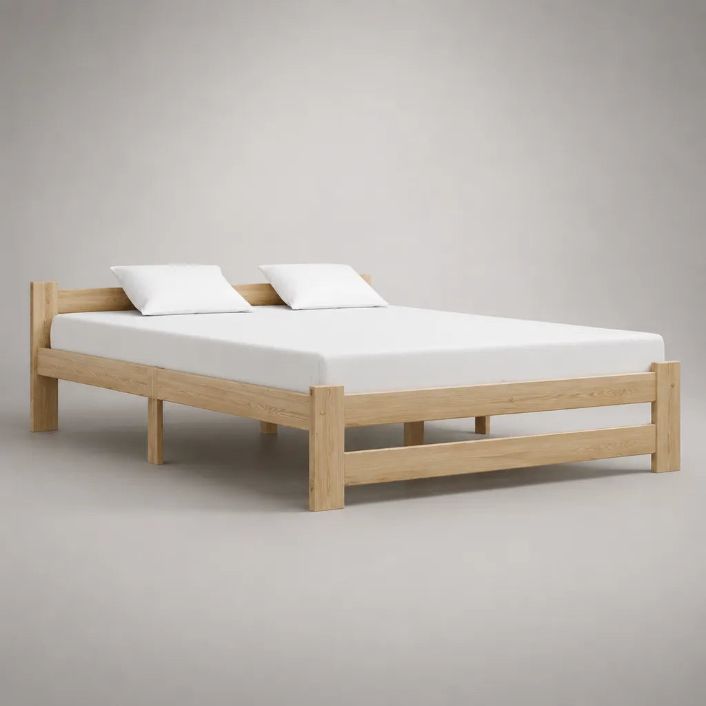 Lit double en bois massif de pin avec grille de lattes, couchage 160 × 200 cm, dimensions totales 208 × 168 × 70 cm, nature