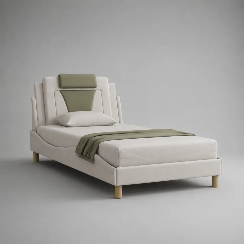 Lit rembourré lit simple avec grille, tissu et bois, blanc cassé/vert saumâtre, couchage 90 × 200 cm