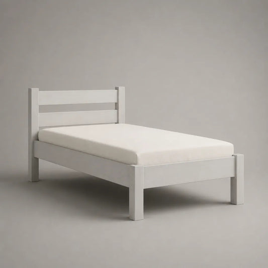 Lit simple en bois blanc, surface plane 90 × 200 cm, dimensions totales 206 × 96 × 82 cm