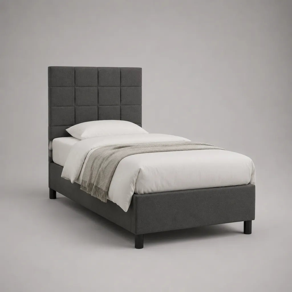 Lit rembourré lit simple avec grille et couverture en polyester, gris foncé, couchage 90 × 200 cm, dimensions totales 211 × 98 × 120 cm