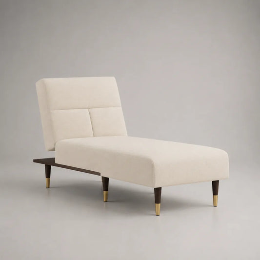 Chaise longue rectangulaire avec revêtement en tissu et structure en bois, blanc cassé/brun foncé/finition laiton, 170 × 75 × 86 cm