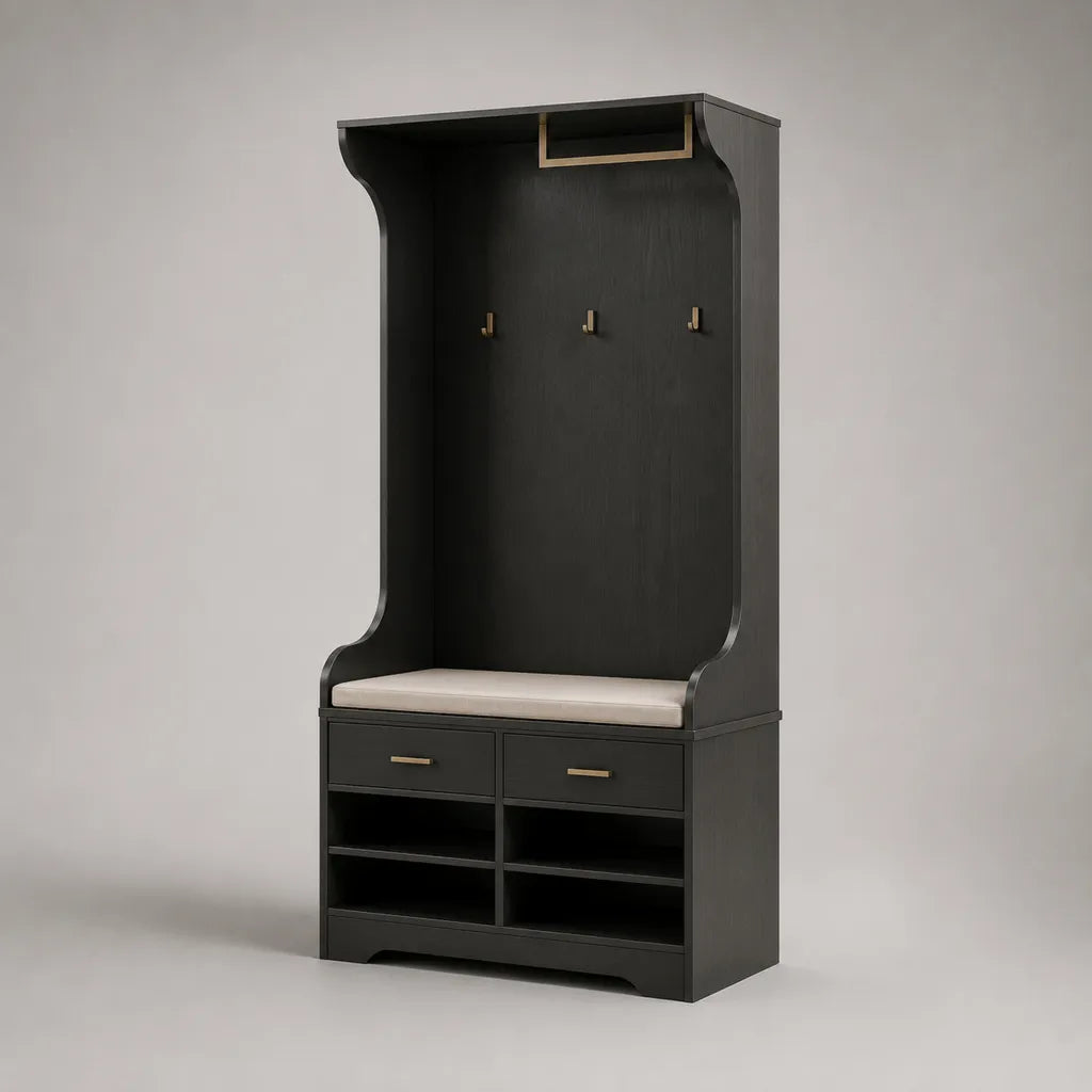 Garde-robe avec banquette et étagère, 3 crochets, 2 tiroirs, MDF, noir et beige, 100 × 40 × 190 cm