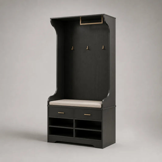 Garde-robe avec banquette et étagère, 3 crochets, 2 tiroirs, MDF, noir et beige, 100 × 40 × 190 cm