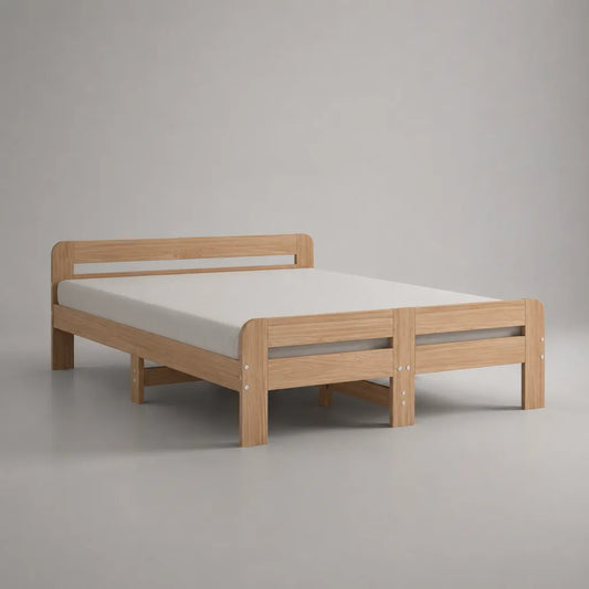Lit double en bois massif de pin avec grille, nature, surface allongée 140 × 190 cm, dimensions totales 148 × 198 × 80 cm