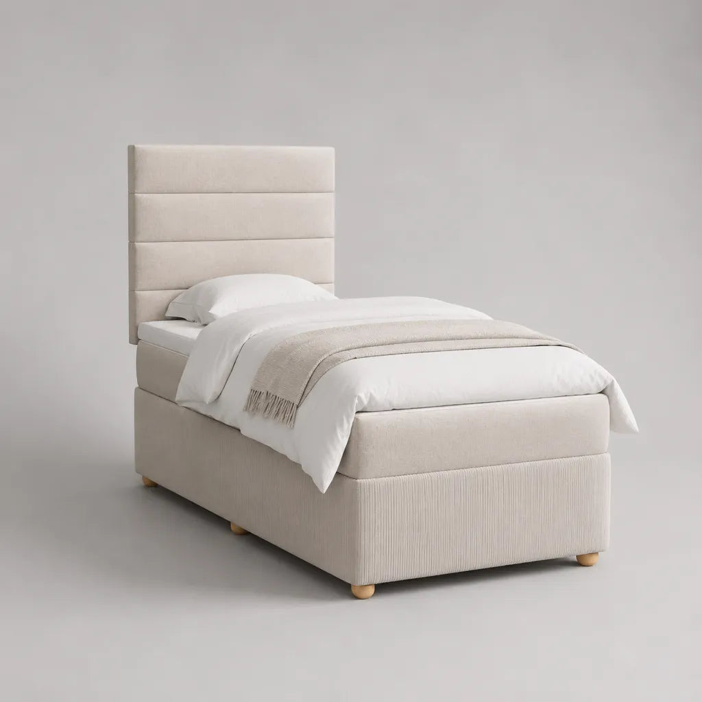 Kit de lit rembourré avec matelas 90 × 200 cm, tissu de corde, crème, dimensions totales 215 × 101 × 130 cm