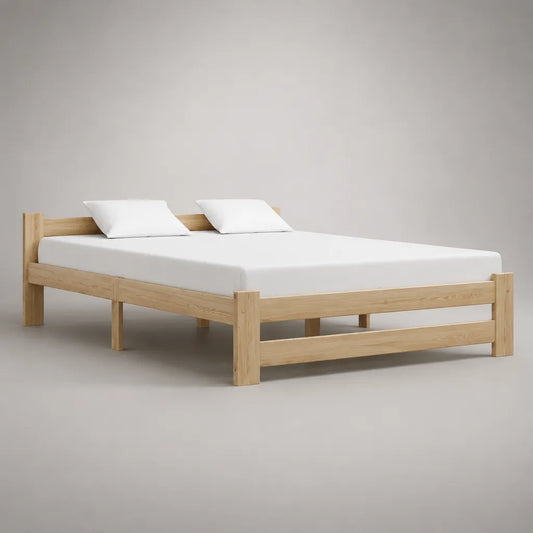 Lit double en bois massif de pin avec grille de lattes, couchage 160 × 200 cm, dimensions totales 208 × 168 × 70 cm, nature