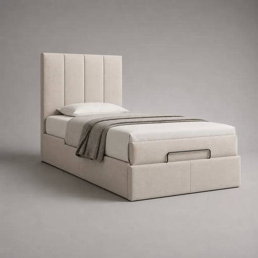 Lit rembourré avec boîte de lit, mécanisme de levage et housse en tissu, crème, 150 × 215 × 120 cm, couchage 140 × 200 cm