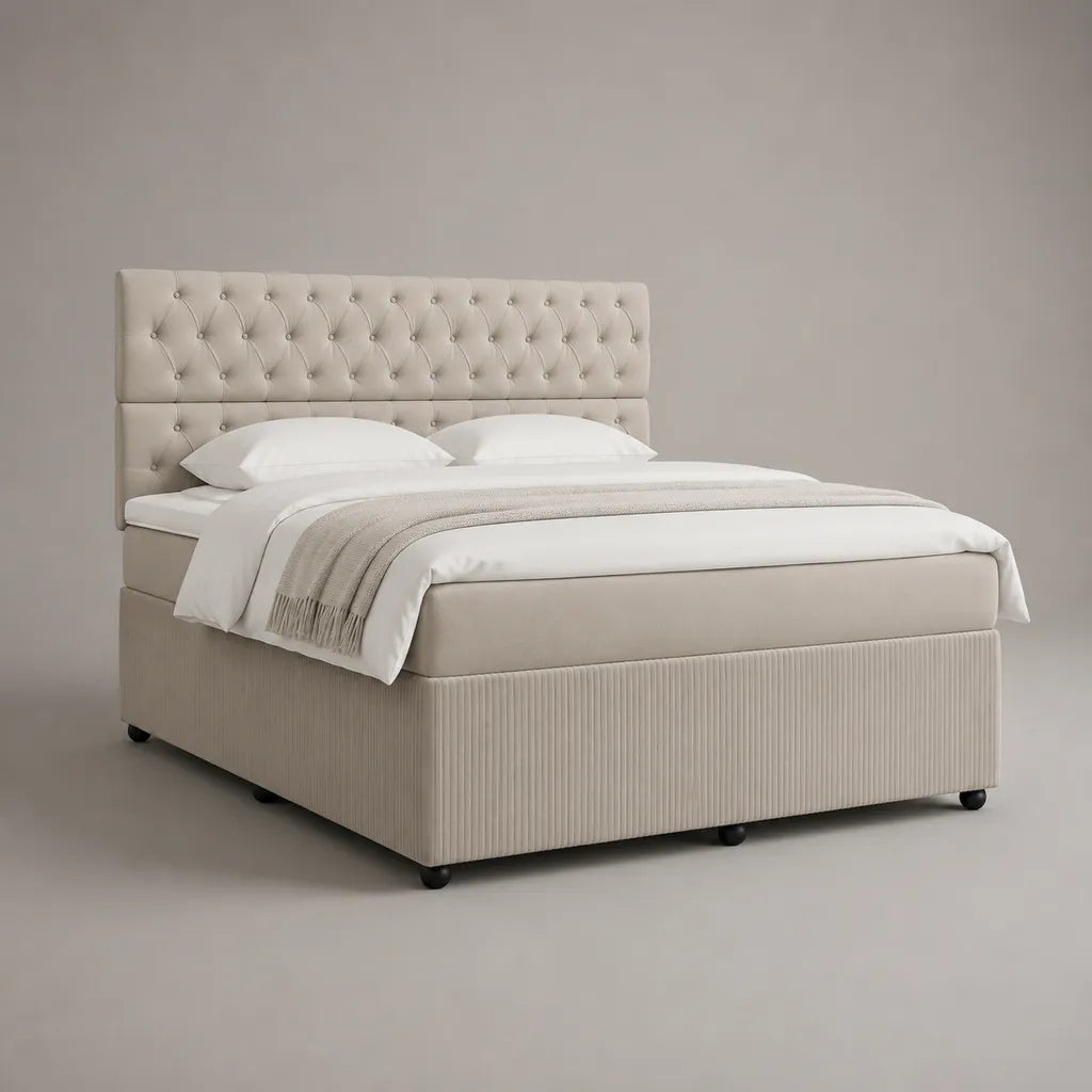 Lit matelassé beige Lit double avec agrafe et housse en polyester, couchage 160 × 200 cm, dimensions totales 215 × 170 × 130 cm