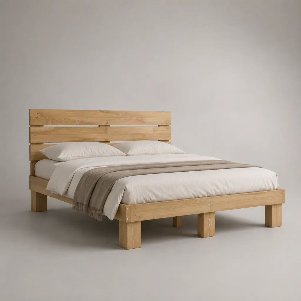 Lit double en bois massif de pin avec grille latente, nature, couchage 160 × 200 cm, dimensions totales 168 × 216 × 105 cm