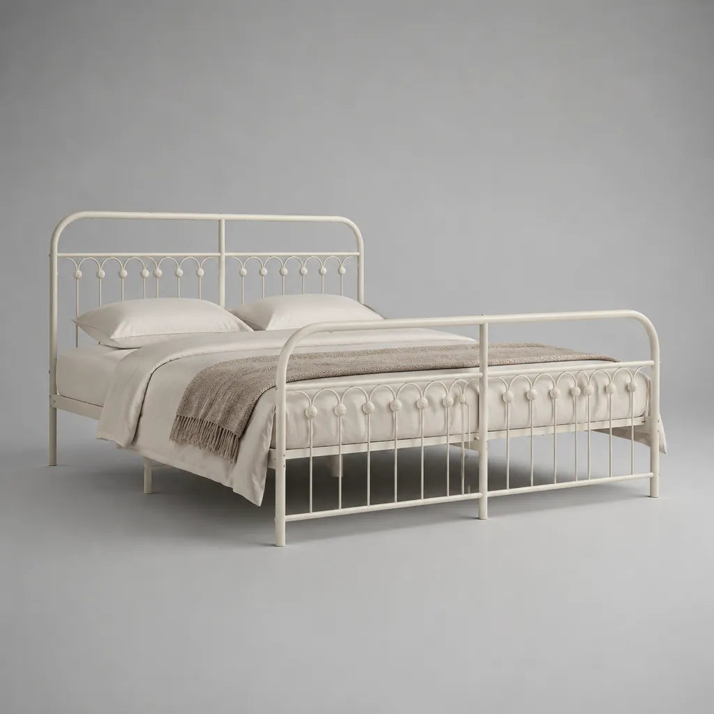 Lit double en métal, blanc cassé, surface allongée 140 × 200 cm, dimensions totales 147 × 208 × 110 cm