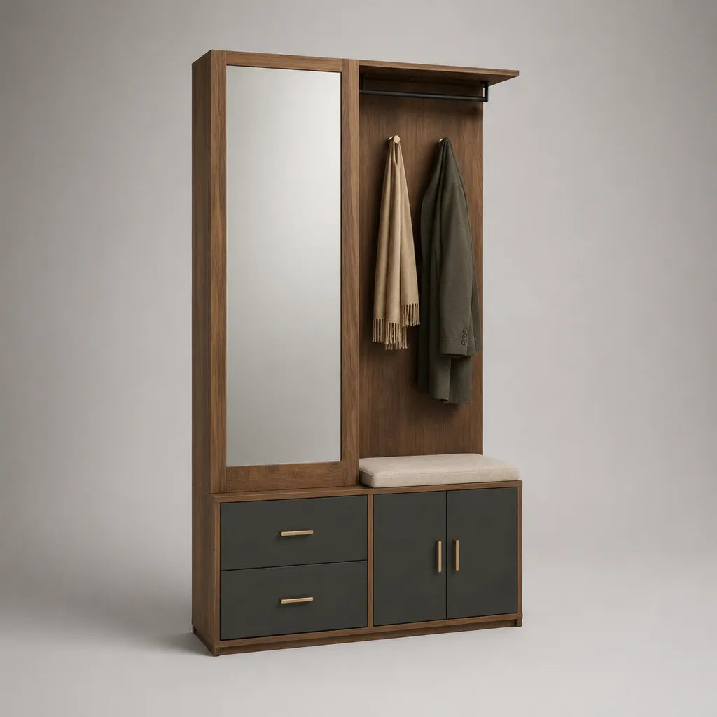Armoire de garde-robe en bois avec miroir, banquette, porte-robe et rangement, noix et anthracite, 120 × 40 × 190 cm