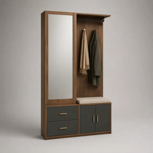 Armoire de garde-robe en bois avec miroir, banquette, porte-robe et rangement, noix et anthracite, 120 × 40 × 190 cm