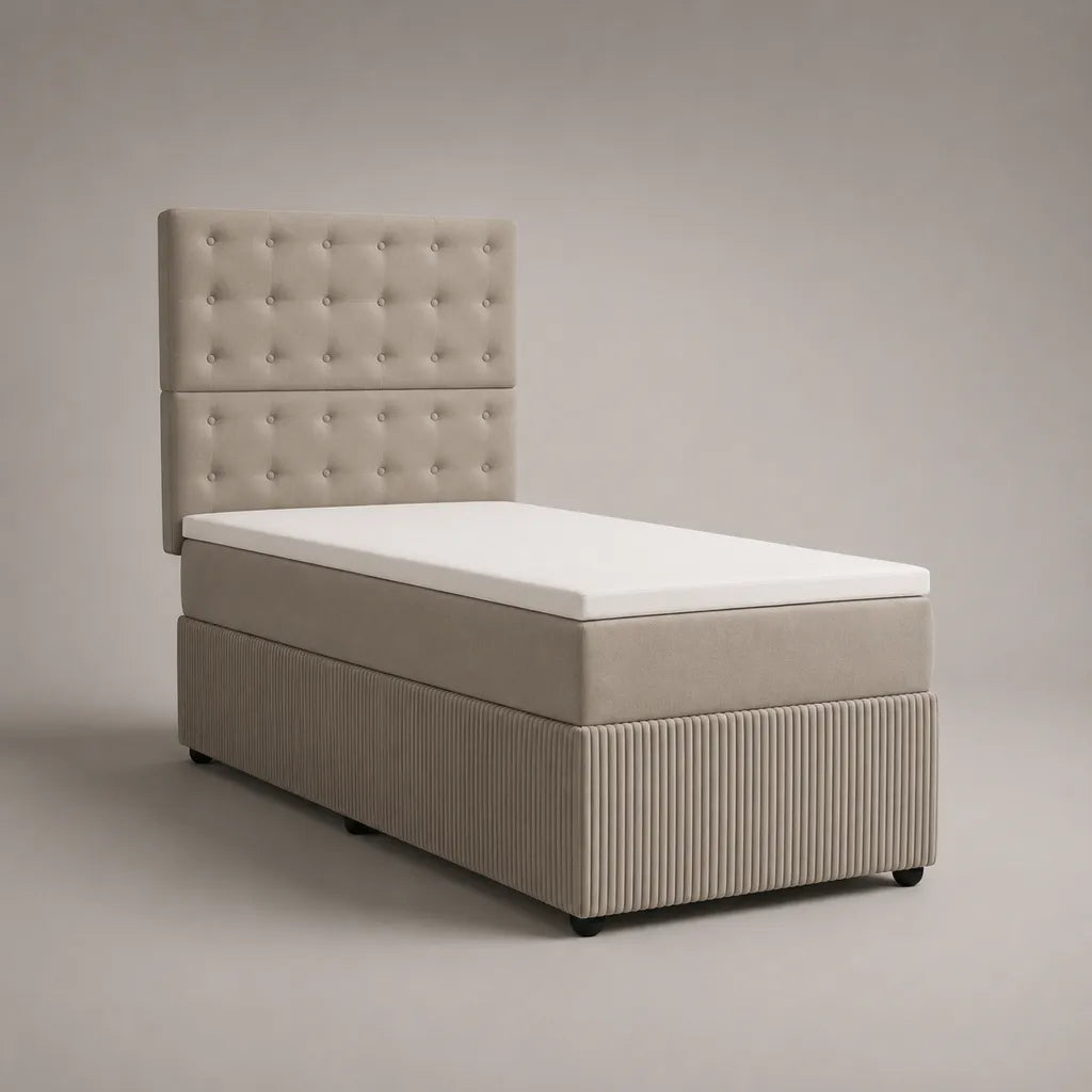 Lit simple spring avec matelas et topper, velours polyester, beige, couchage 90 × 200 cm, dimensions totales 100 × 210 × 140 cm