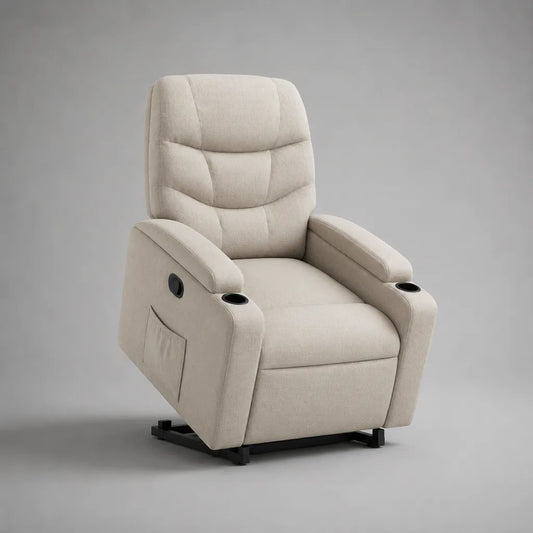 Fauteuil de télévision en tissu à coucher manuel, 2 porte-boissons et poche latérale, beige, 96 × 92 × 105 cm
