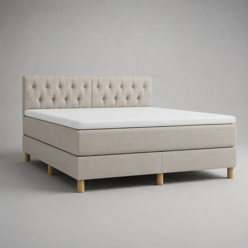 Lit boxspring 160 × 200 cm avec matelas, topper et tête de lit rembourrée, beige/blanc/naturel