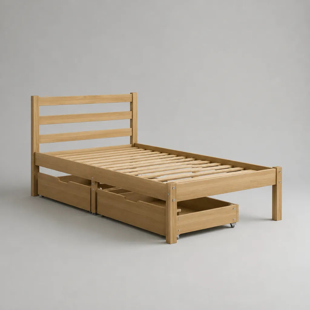 Lit simple en bois massif avec grille à lattes et 3 tiroirs, nature, surface à coucher 90 × 190 cm, dimensions totales 198 × 98 × 90 cm
